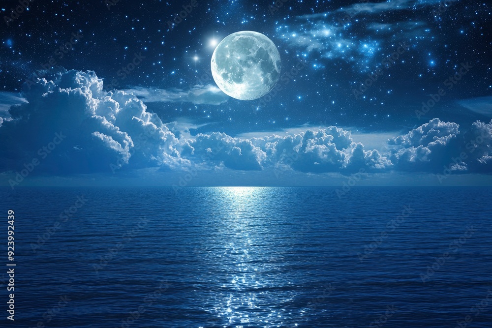 Romantic Moon With Clouds And Starry Sky Over Sparkling Blue Water, ai Romantic Moon With Clouds And Starry Sky Over Sparkling Blue Water, ai