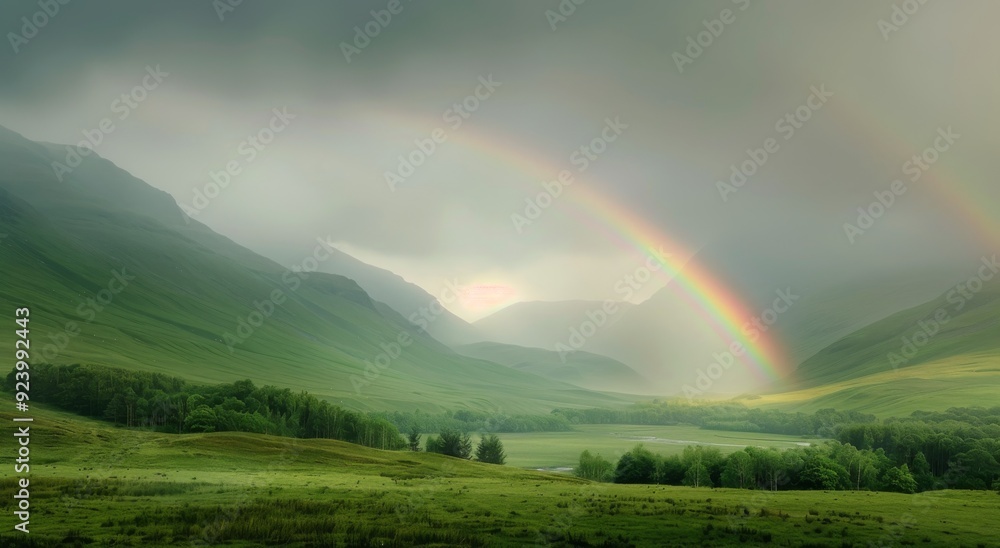 Naklejka premium Breathtaking Rainbow Over Verdant Valley Amidst Mountains in Early Morning Light
