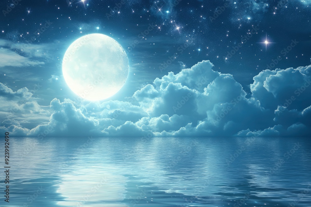 Romantic Moon With Clouds And Starry Sky Over Sparkling Blue Water, ai Romantic Moon With Clouds And Starry Sky Over Sparkling Blue Water, ai