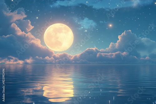 Romantic Moon With Clouds And Starry Sky Over Sparkling Blue Water, ai