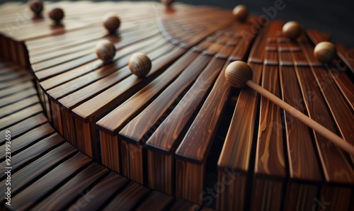 Zoom into the hypnotic curves of a marimba, its resonant wooden bars and mallets poised for percussive exploration, blending harmony and rhythm photo