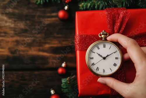 Close-up of a hand holding a ticking pocket watch over a Christmas gift, symbolizing limited time, Time-sensitive Christmas shopping, holiday countdown photo