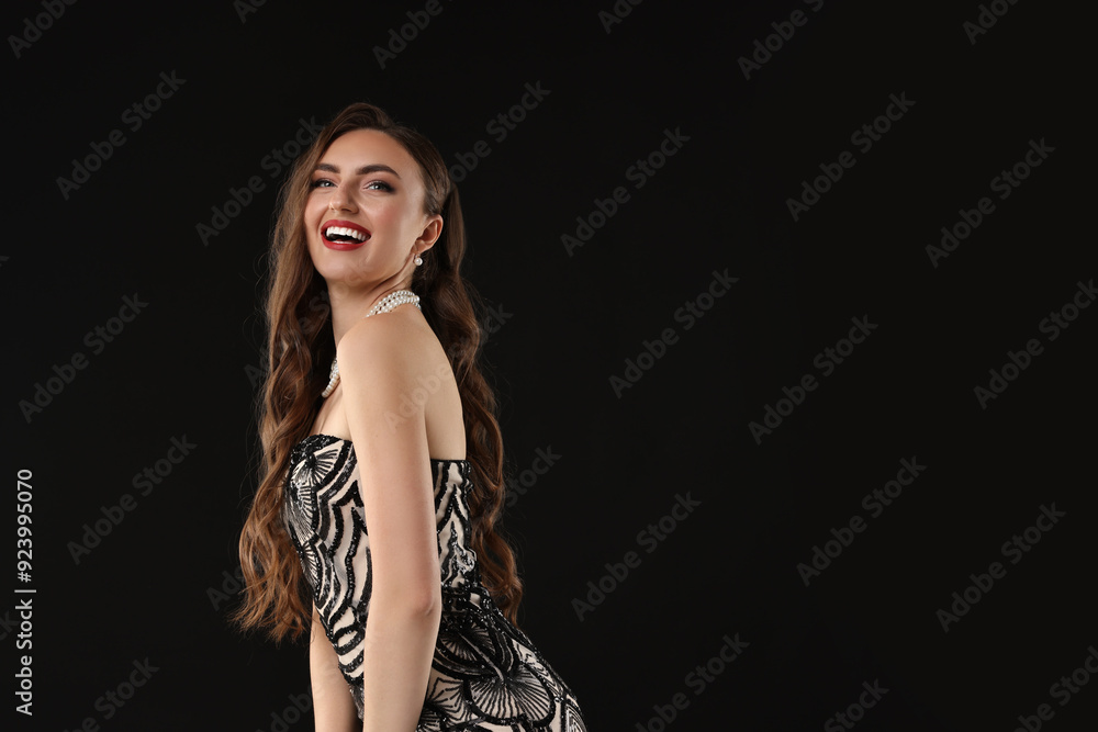 Portrait of happy woman on black background. Space for text Portrait of happy woman on black background. Space for text