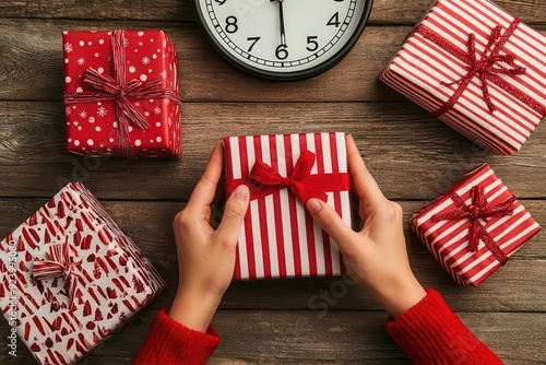 Hands frantically wrapping gifts with a clock in the background, symbolizing the rush to prepare, Last-minute gift wrapping, holiday time crunch
