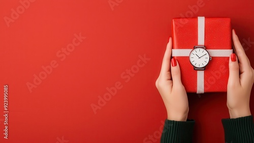 Hands holding a Christmas gift and a watch simultaneously, with festive background, Balancing gifts and time, holiday shopping rush photo