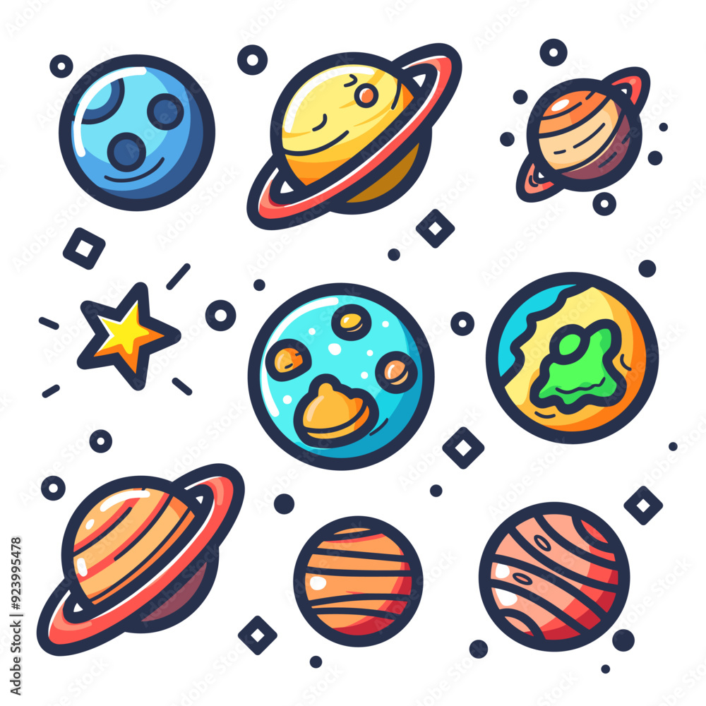 Naklejka premium Cartoon planets icons set. Astronomy and space theme. Vector illustration.