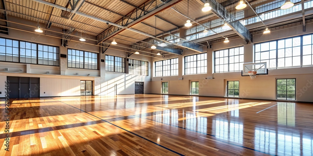 Sunlit Reflections on a Basketball Court, Wide Angle, Wooden Floor, Basketball hoop, Interior , basketball, gym Sunlit Reflections on a Basketball Court, Wide Angle, Wooden Floor, Basketball hoop, Interior , basketball, gym