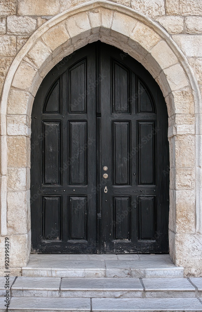 Black wooden double doors, with an arched top, set in an ancient stone wall Black wooden double doors, with an arched top, set in an ancient stone wall