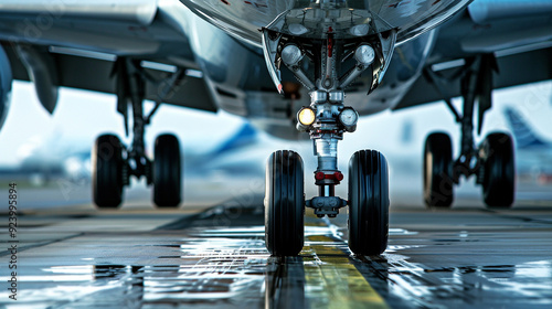 Close-up of a plane's landing gear as it prepares to touch down on the runway, showing the tires and undercarriage photo