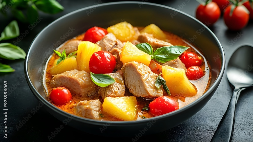 Vibrant Thai Red Curry with Duck Pineapple and Cherry Tomatoes in a Flavorful Bowl Vibrant Thai Red Curry with Duck Pineapple and Cherry Tomatoes in a Flavorful Bowl