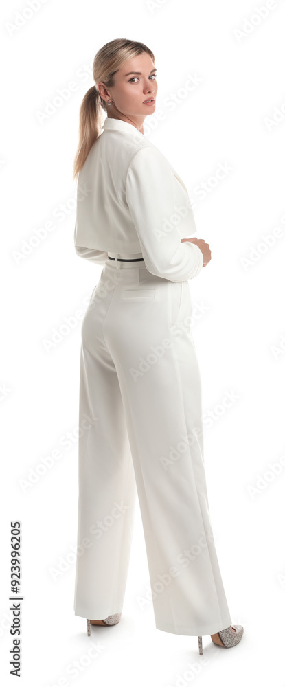 Beautiful woman in stylish suit on white background Beautiful woman in stylish suit on white background