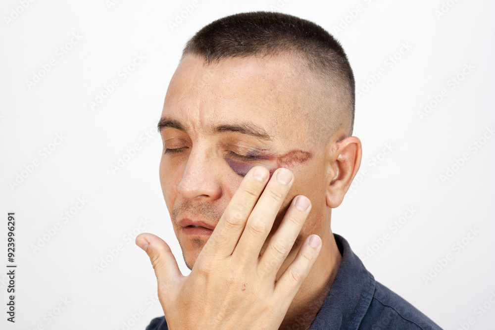 Man with a black eye, hooligan criminal after fight with a bruise and a bruise under the eye. Man with a black eye, hooligan criminal after fight with a bruise and a bruise under the eye.