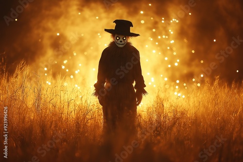 Scarecroe figure in hat standing in field at dusk. Horror halloween concept. Image for haloweem poster, invitation, banner with copy space. photo