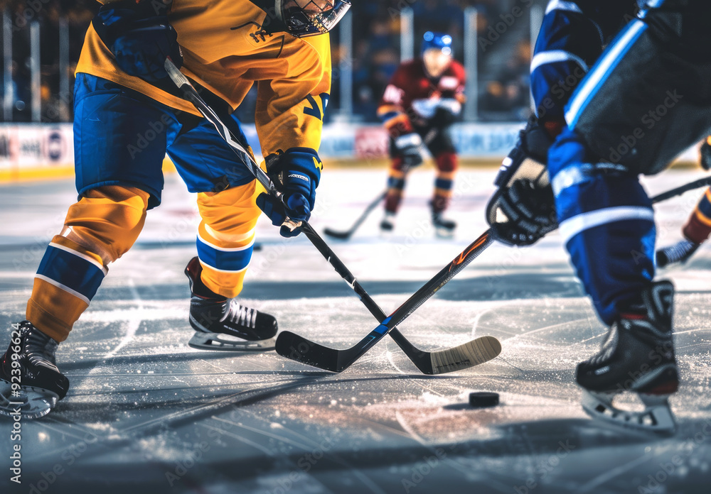 Obraz premium Hockey players facing off in an intense game moment on the ice. Concept of competitive sports, teamwork, athletic performance, ice hockey match