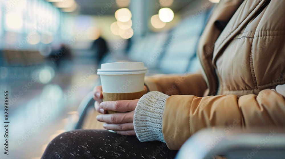 Close-up of the hands of a traveler holding a coffee cup while waiting in the terminal, the cup lid and the terminal seats visible Close-up of the hands of a traveler holding a coffee cup while waiting in the terminal, the cup lid and the terminal seats visible