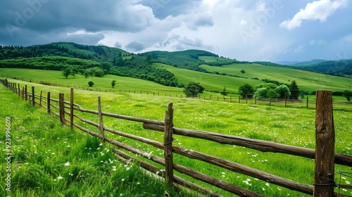 Scenic countryside vista with rolling green hills and wooden fences. Concept of rural landscapes, natural beauty, peaceful environment, outdoor tranquility