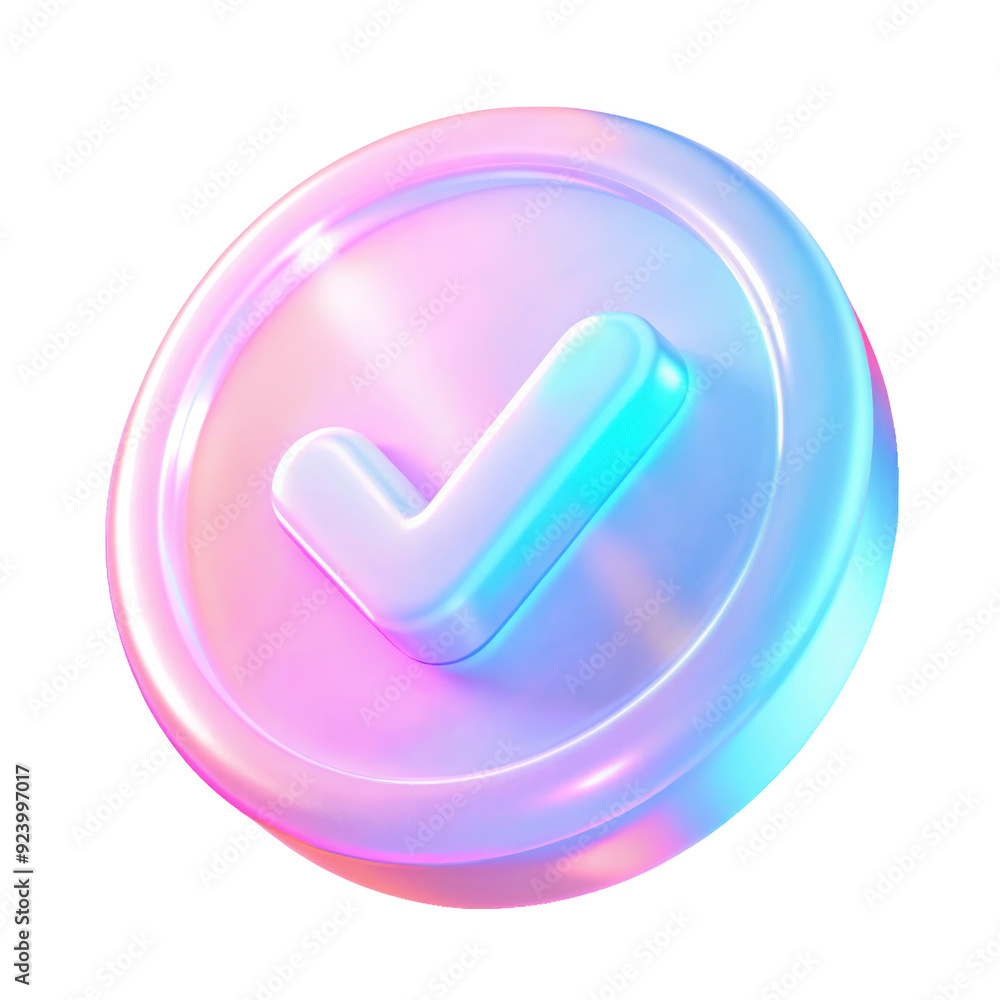 Glossy 3D checkmark icon featuring pastel colors of blue, pink, and purple. The smooth and vibrant design has a modern, abstract, and futuristic appearance. Isolated on transparent background, png. Glossy 3D checkmark icon featuring pastel colors of blue, pink, and purple. The smooth and vibrant design has a modern, abstract, and futuristic appearance. Isolated on transparent background, png.