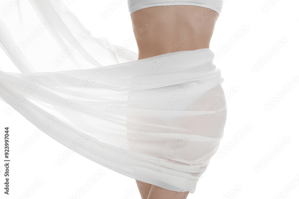 Fototapeta premium Woman covering her slim body with silk fabric against white background, closeup