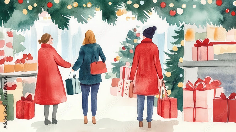Festive holiday bargains, cozy shop interiors, holiday lights twinkling, happy customers, Watercolor style Festive holiday bargains, cozy shop interiors, holiday lights twinkling, happy customers, Watercolor style