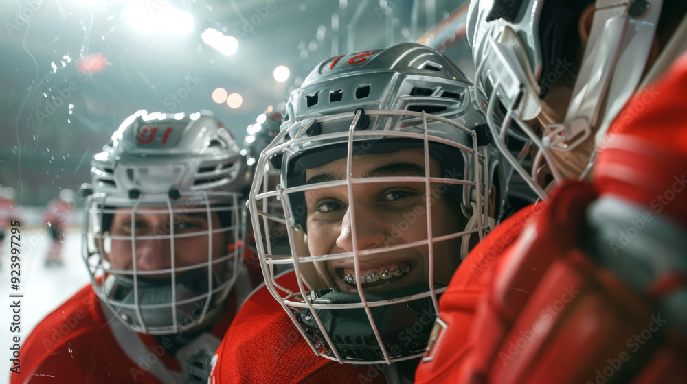 Fototapeta premium Excited Hockey Players Celebrating on Ice Rink Under Stadium Lights Concept of Team Spirit, Sporting Triumph, Youthful Excitement, Competitive Sports