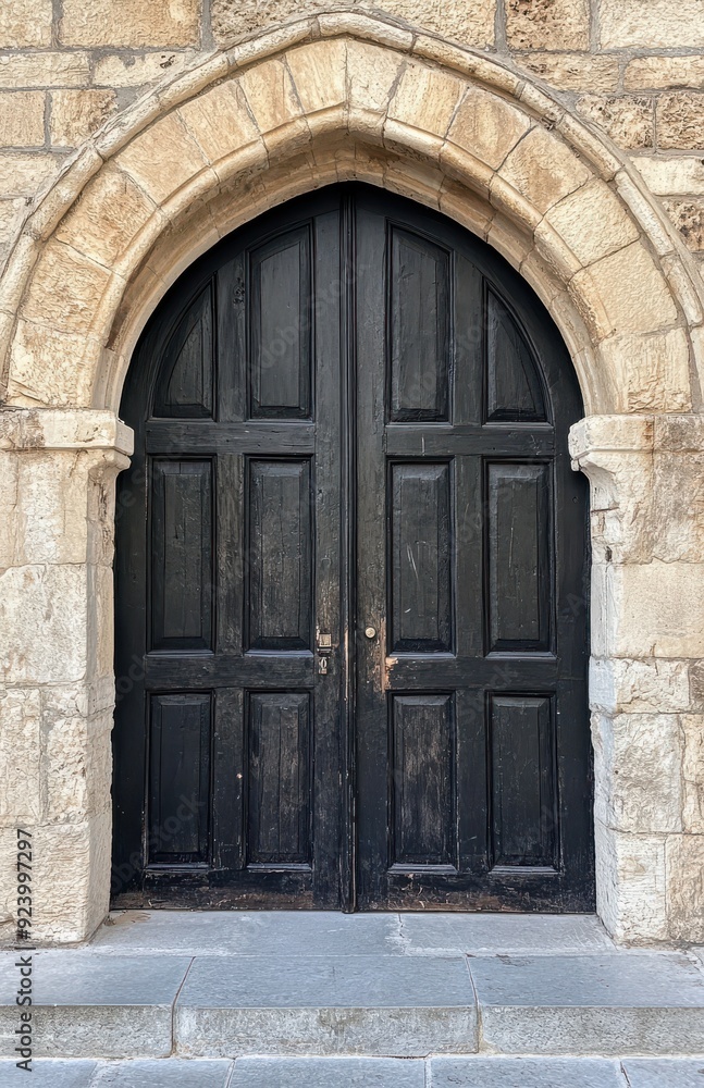 Black wooden double doors, with an arched top, set in an ancient stone wall Black wooden double doors, with an arched top, set in an ancient stone wall