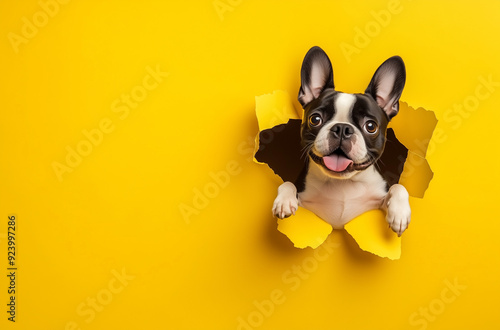Cute French Bulldog puppy jumping out of torn yellow wallpaper hole