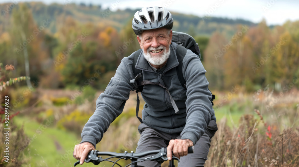 Elderly Caucasian Man with a Joyful Smile Riding a Bicycle in Nature. Concept of Happy Senior Life, Active Lifestyle, Outdoor Adventure, Healthy Aging Elderly Caucasian Man with a Joyful Smile Riding a Bicycle in Nature. Concept of Happy Senior Life, Active Lifestyle, Outdoor Adventure, Healthy Aging