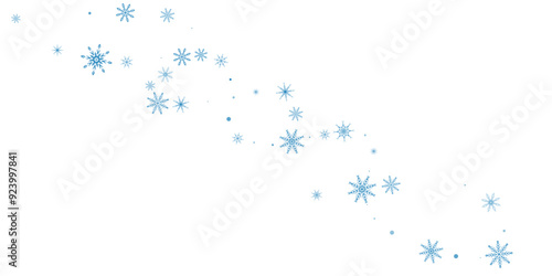 Snowflakes. Snow, snowfall. Falling scattered blue snowflakes on a white background.