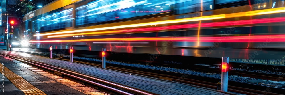 Motion blur of a train traveling past a car halted at barriers with glowing red tail lights. Motion blur of a train traveling past a car halted at barriers with glowing red tail lights.