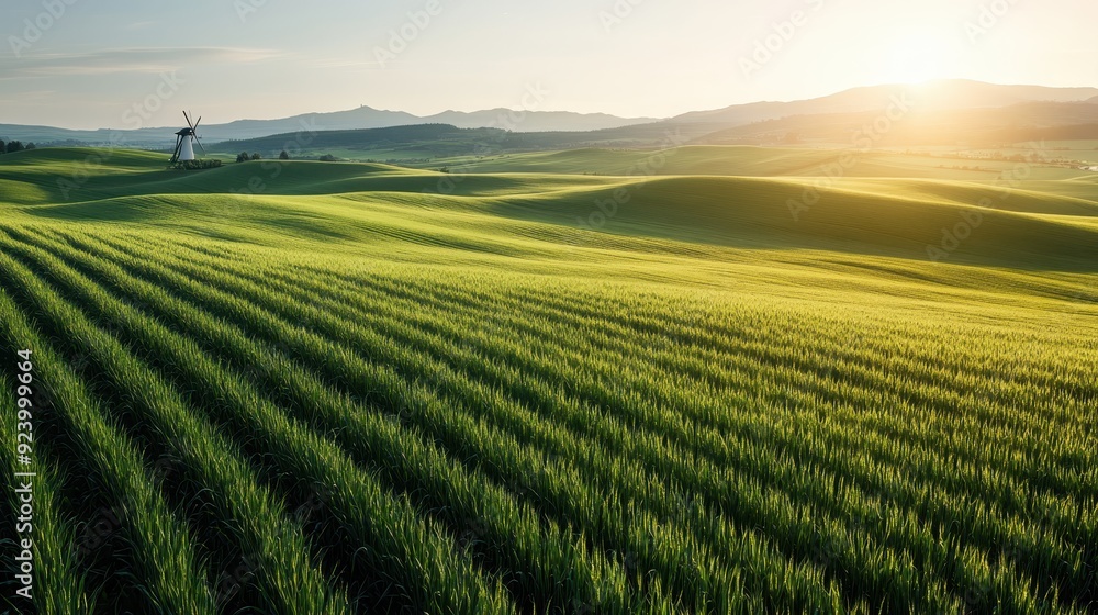 Endless green fields glow warmly under the golden rays of the setting sun, with a picturesque windmill adding a touch of rustic charm to the serene landscape. Endless green fields glow warmly under the golden rays of the setting sun, with a picturesque windmill adding a touch of rustic charm to the serene landscape.
