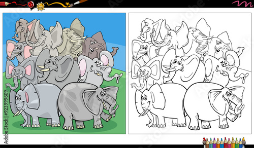 Photography cartoon elephants animal characters group coloring page