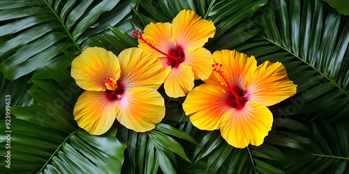 Tropical hibiscus flowers surrounded by palm leaves