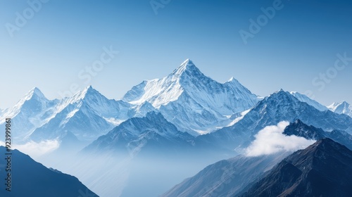 Panoramic view of snow-capped mountain peaks, clear blue sky, showcasing the beauty and majesty of a pristine winter landscape in a remote region.