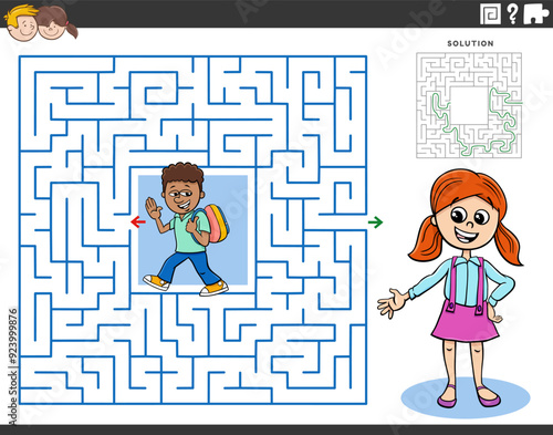maze activity with cartoon school children