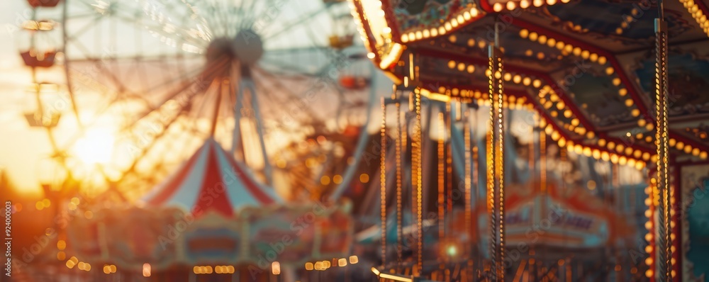 Vibrant amusement park scene with hot air balloons, rides, and a golden sunset. Free copy space for text.