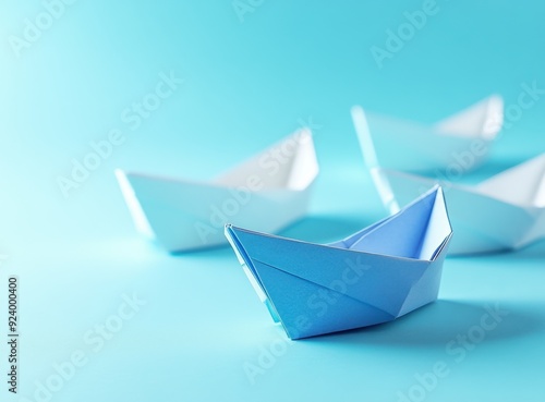 blue paper boat leading other white boats on the water, symbolizing market leader