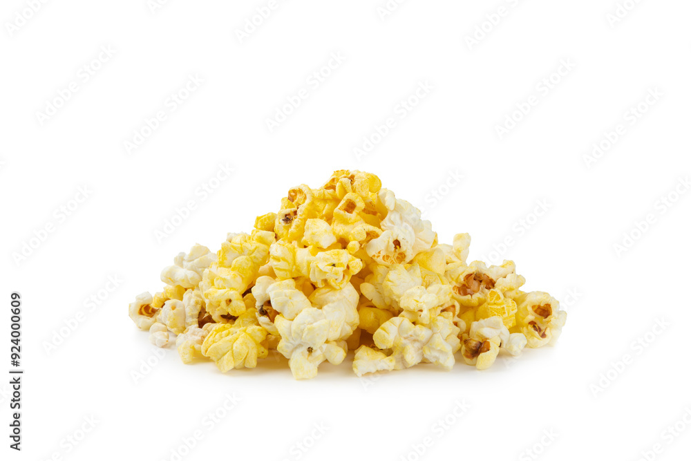 Salted popcorn isolated on white background. Cinema and entertainment concept. Movie night with popcorn. Delicious appetizer, snack.