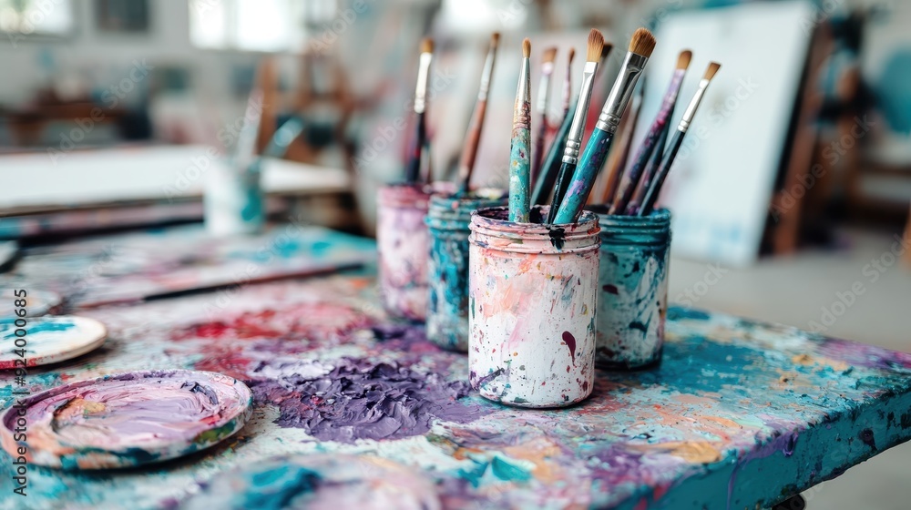 A vibrant art supplies table showcasing an array of paintbrushes in colorful cans, alongside a messy palette filled with various shades and tints of paint. A vibrant art supplies table showcasing an array of paintbrushes in colorful cans, alongside a messy palette filled with various shades and tints of paint.