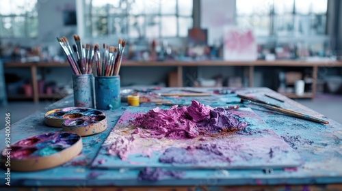 A messy artist's table filled with colorful paint, paintbrushes, and mixing tools, representing the chaotic yet beautiful process of creating art.