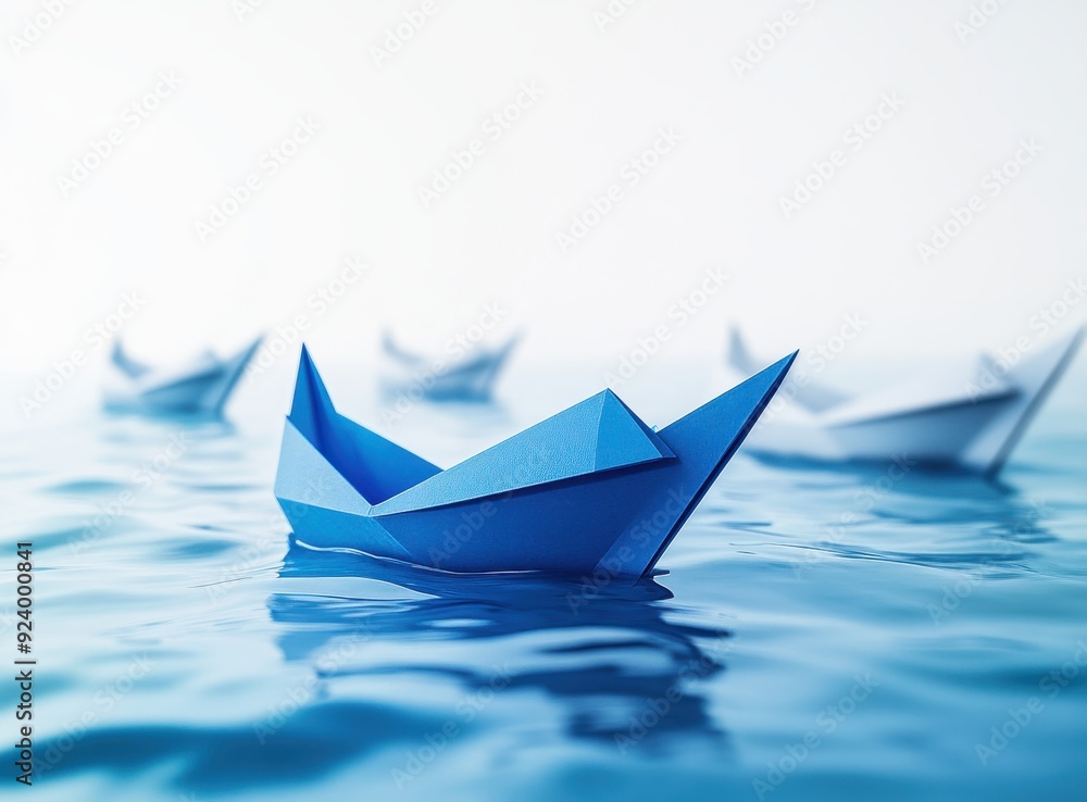 blue paper boat leading other white boats on the water, symbolizing market leader blue paper boat leading other white boats on the water, symbolizing market leader