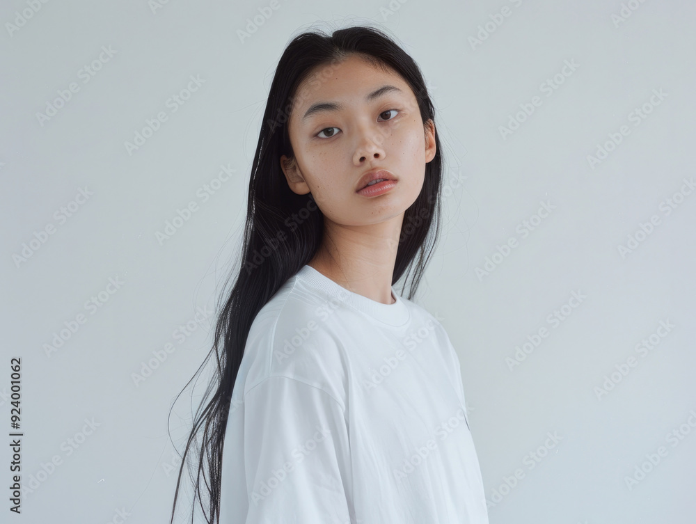女, 女性, モデル, 可愛い, 美人, アジア人, 日本人, Tシャツ, 白いTシャツ, 白背景, Female, Female model, Cute, Beautiful, Asian, Japanese, T-shirt, White T-shirt, White background