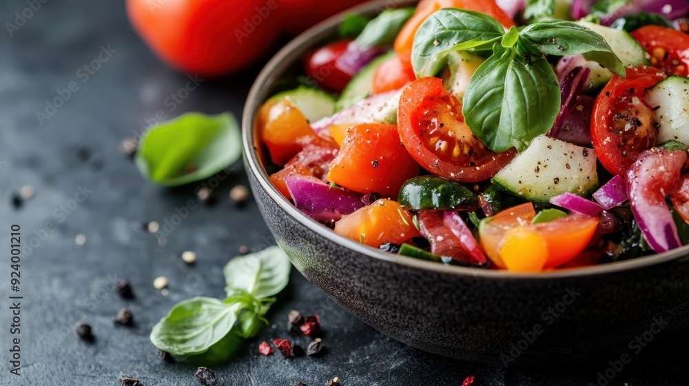 A bowl featuring a mix of chopped tomatoes, cucumbers, red onions, and bell peppers, garnished with fresh basil leaves and seasoned with pepper flakes for a vibrant meal. A bowl featuring a mix of chopped tomatoes, cucumbers, red onions, and bell peppers, garnished with fresh basil leaves and seasoned with pepper flakes for a vibrant meal.