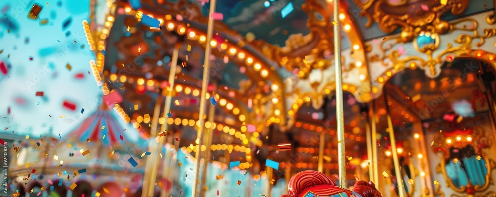 Colorful confetti flying through the air at a lively carnival with lights in the background. Colorful confetti flying through the air at a lively carnival with lights in the background.