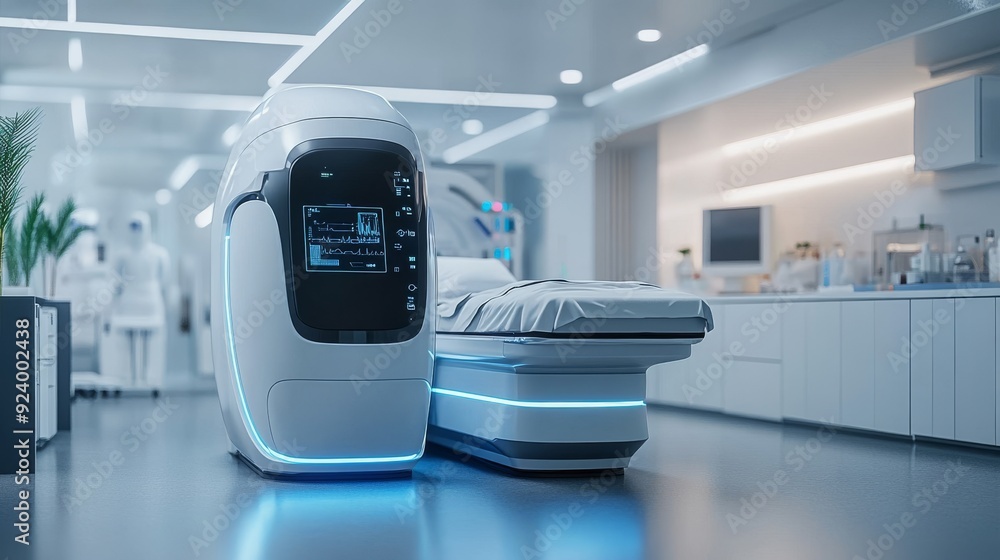 AI-Integrated Medical Diagnostic Machine: A sleek machine diagnosing patients with advanced AI technology. AI-Integrated Medical Diagnostic Machine: A sleek machine diagnosing patients with advanced AI technology.