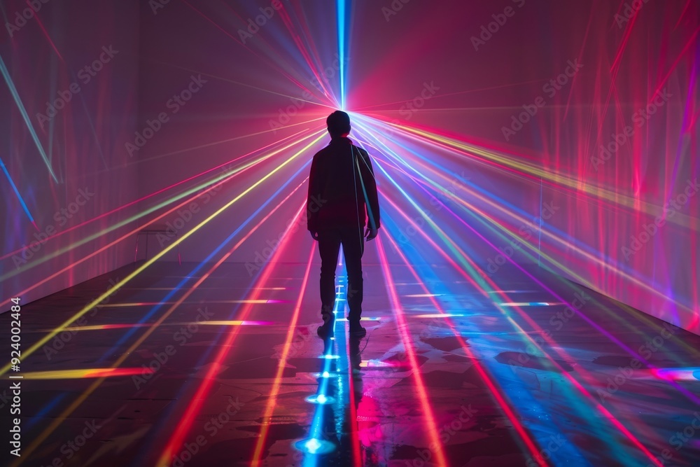 Silhouette of person in immersive colorful laser light installation with beams Silhouette of person in immersive colorful laser light installation with beams