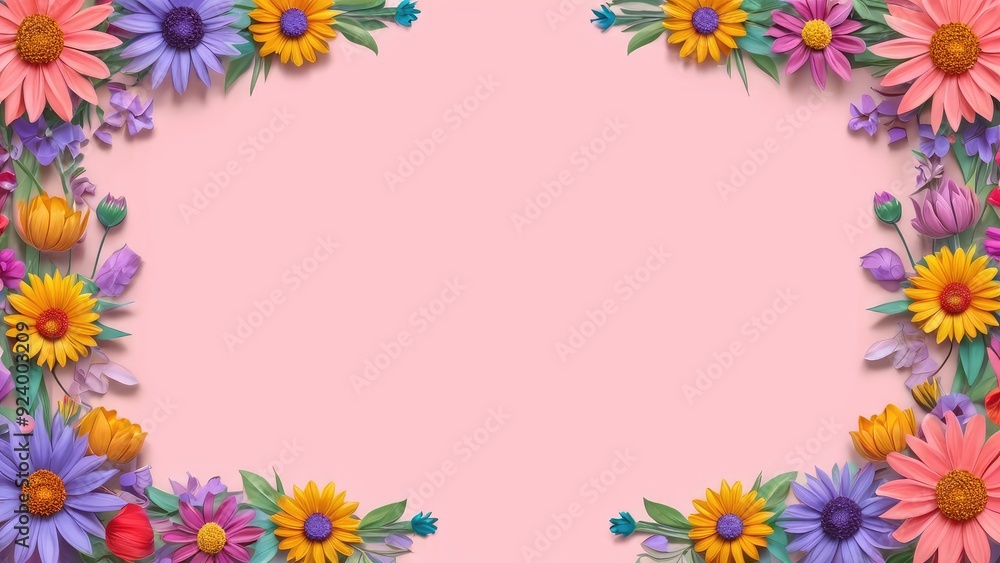 A vibrant floral arrangement framing a soft pink background, featuring colorful daisies and various flowers, perfect for spring-themed designs and cheerful compositions A vibrant floral arrangement framing a soft pink background, featuring colorful daisies and various flowers, perfect for spring-themed designs and cheerful compositions