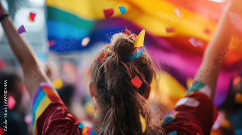 Youthful person captured from behind, joyfully waving a vividly colored rainbow flag amidst a flurry of colorful confetti during a lively celebration.