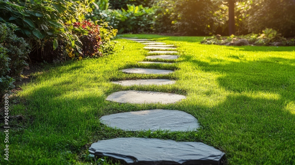Stone path to sunny garden with lawn , ai Stone path to sunny garden with lawn , ai