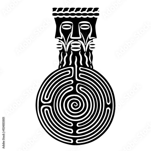 Head of Celtic god Lugh and a round spiral maze or labyrinth symbol. Pagan trinity. Gaulish Deity Lugus. Three faced bearded man. Ethnic design. Black and white silhouette. 