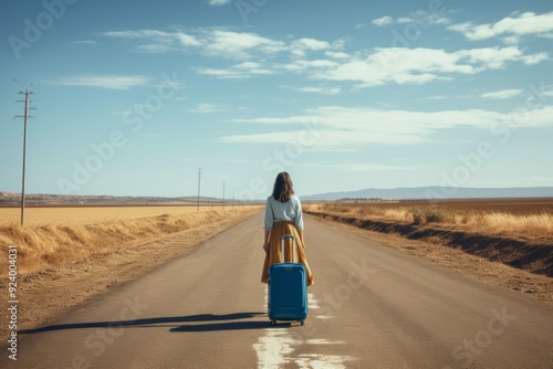 Back view, Lonely young brunette woman walking on the side of the country road at sunny summer day with an old suitcase and a sign for hitchhiking. Lifestyle and vacation concept